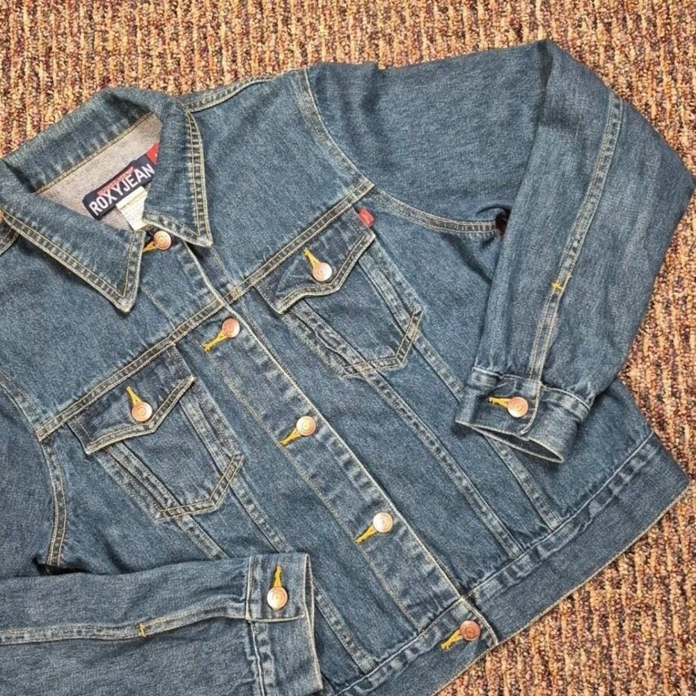 Roxy Jeans‎ L Womens Vintage Denim Jacket 90s Blue Trucker Cotton Y2K